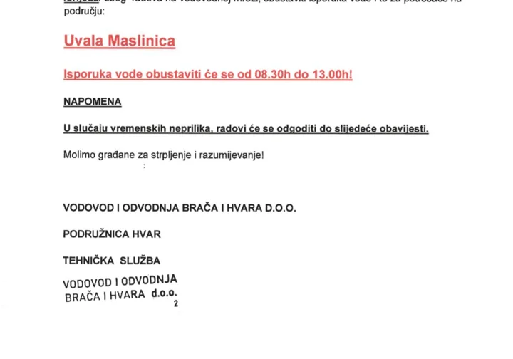 Obavijest o privremenoj obustavi isporuke vode za 01.04. - Uvala Maslinica 
