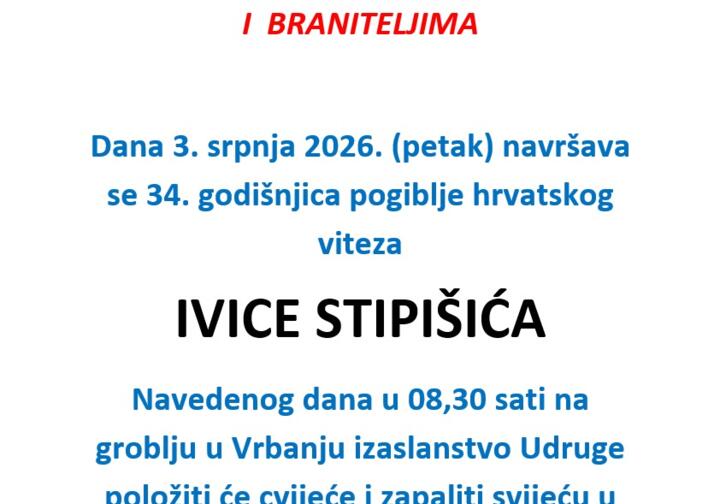 Obavijest za polaganje cvijeća za hrvatskog branitelja Ivica Stipišić (1992. – 2026.)