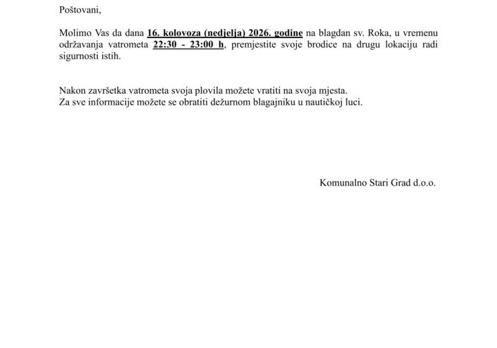 OBAVIJEST O VATROMETU ZA VLASNIKE BRODICA 