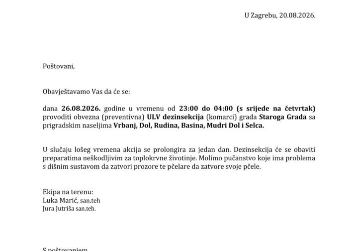 OBAVIJEST O PROVEDBI DEZINSEKCIJE GRADA STAROGA GRADA SA PRIGRADSKIM NASELJIMA